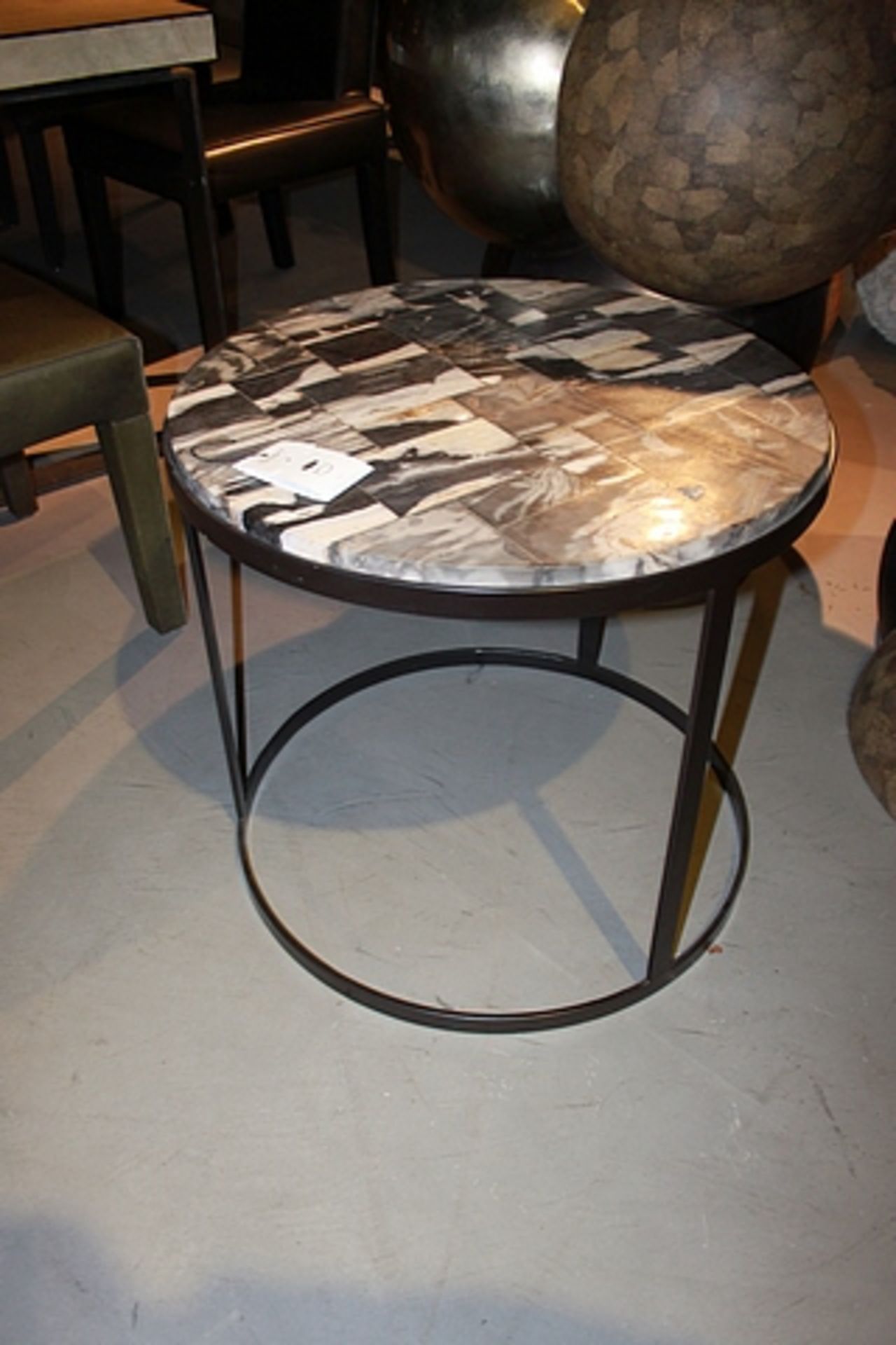 Side Table Rondo mixed medium retro round table with striking black and white petrified wood top, on