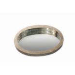 Mirror through eggshell platinum silverleaf s2033 and eggshell s2014 inlay. Circular in shape,