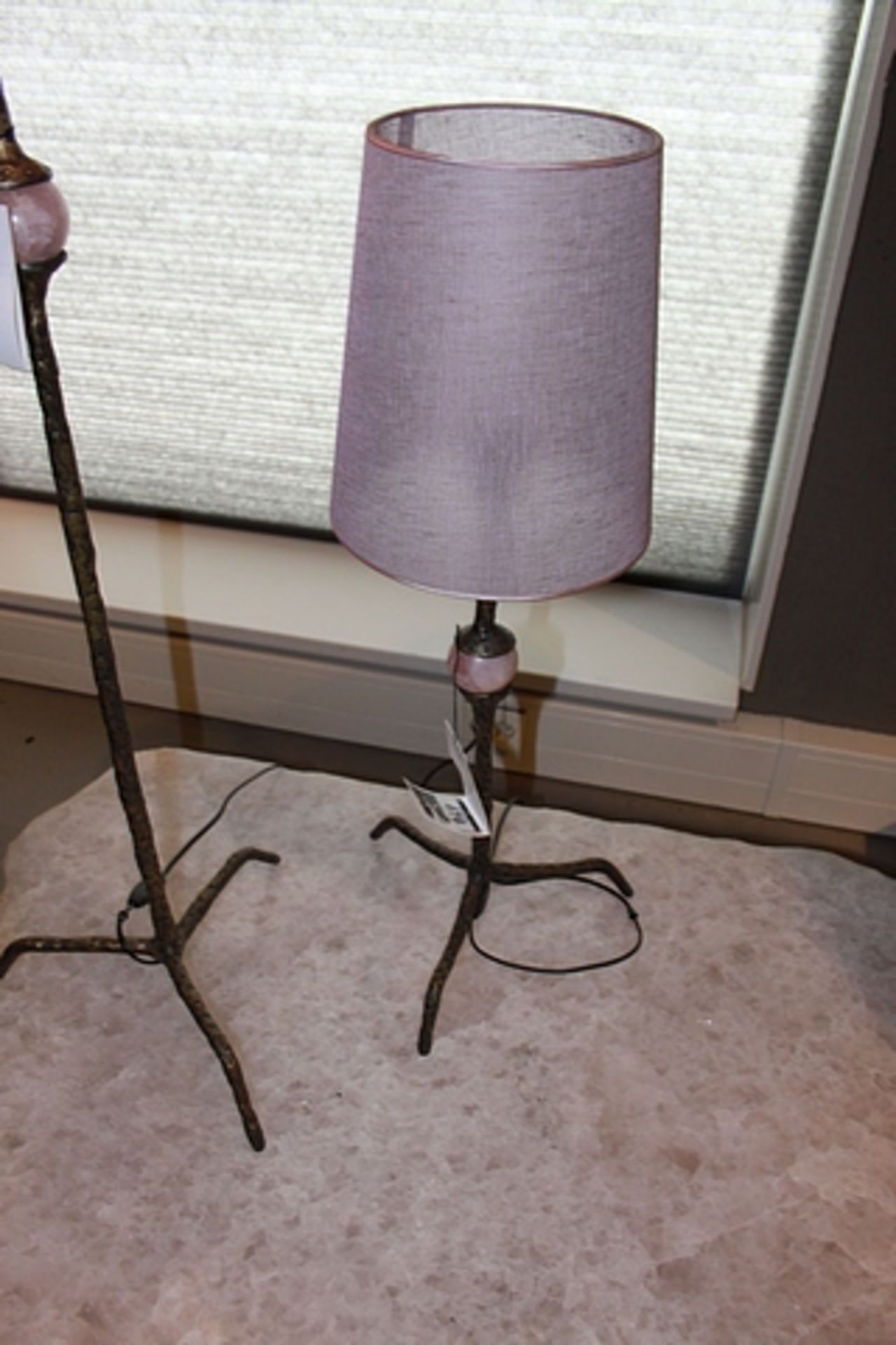 Table Lamp Rose a pinched shiny brass table lamp featuring a rose quartz crystal ball sphere