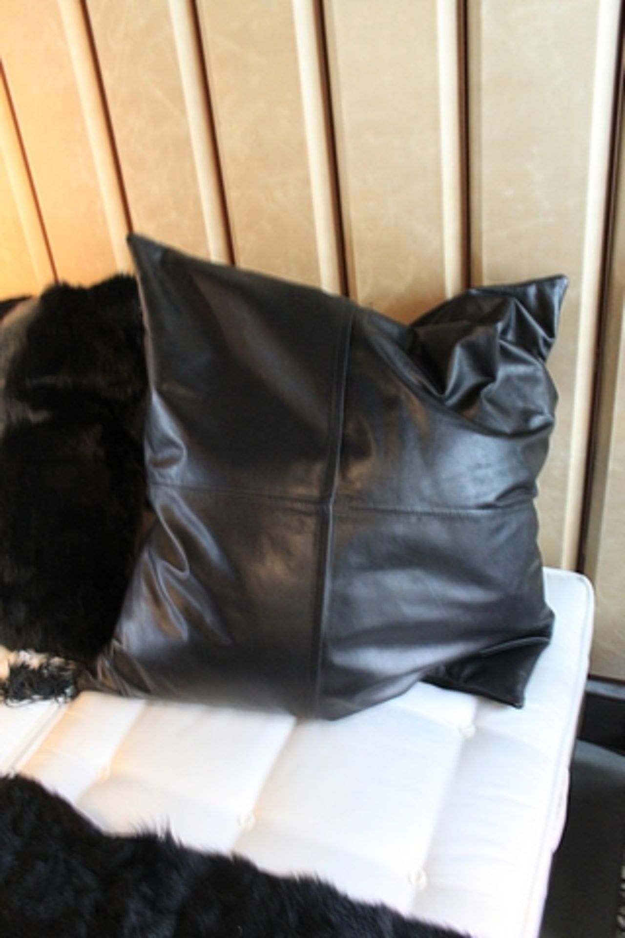 Cushion Cow Hide retro inspired black cow hide square cushion with timeless sectional stitching.