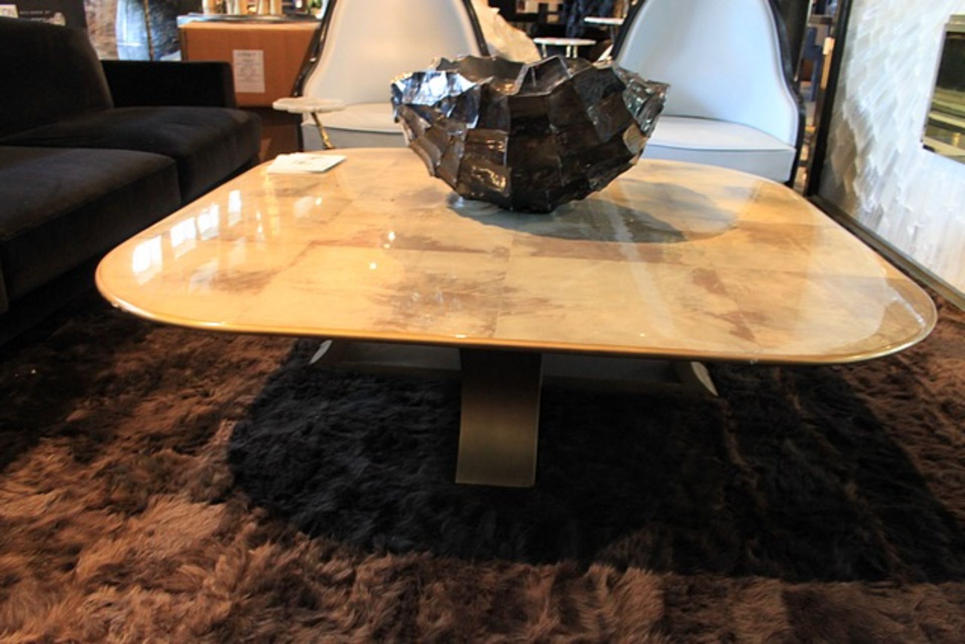 Coffee Table Cross exquisite wood top console, finished with a natural brown parchment on antiqued