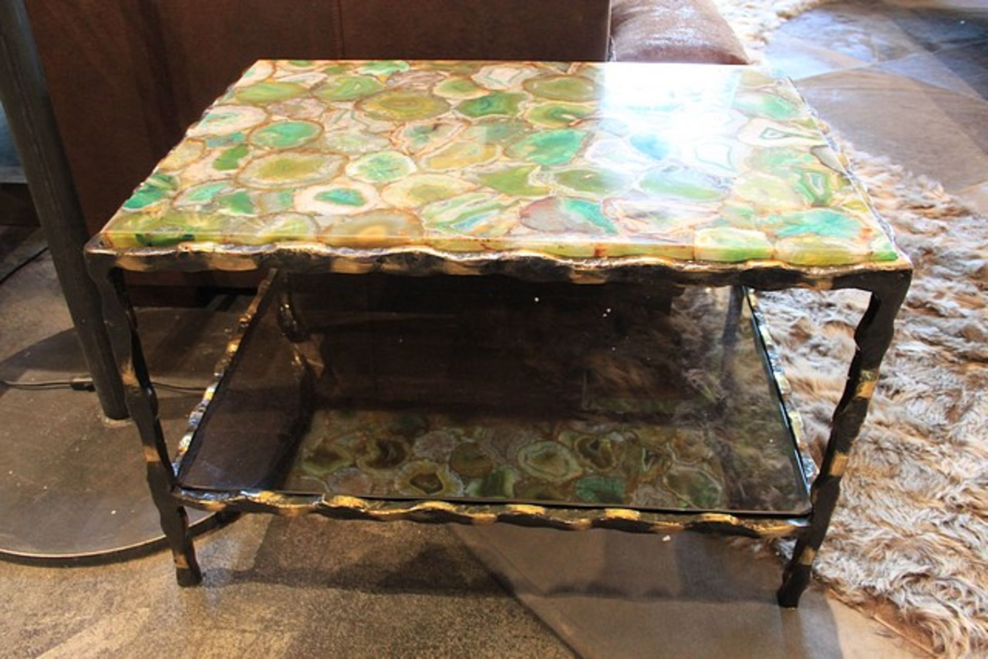 Side table artisan made semi precious block green agate top mounted on a pinched shiny antiqued - Image 2 of 2