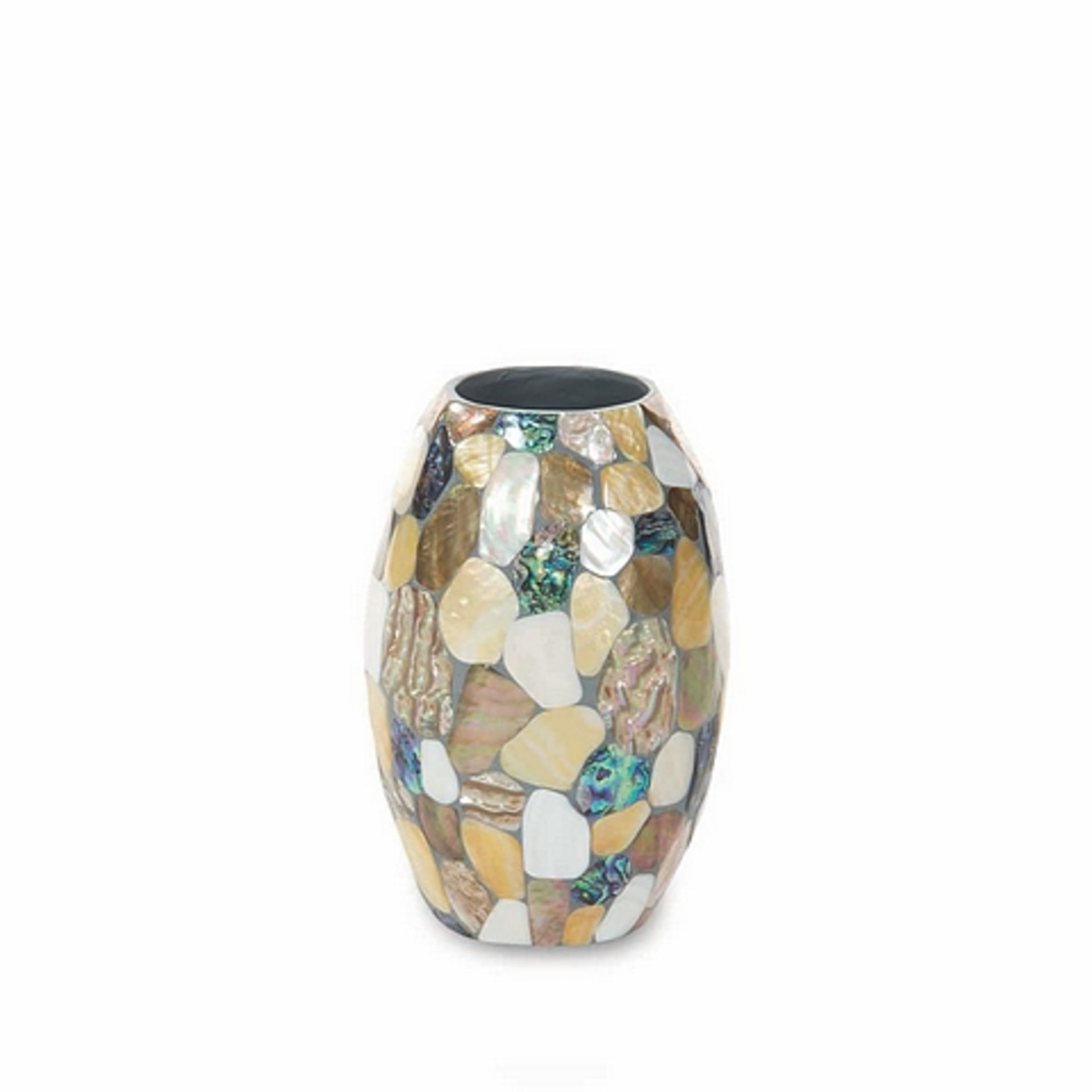 Vase of mixed brown tones, lip white kabibe beige paua and blue paua shell and yellow mother of