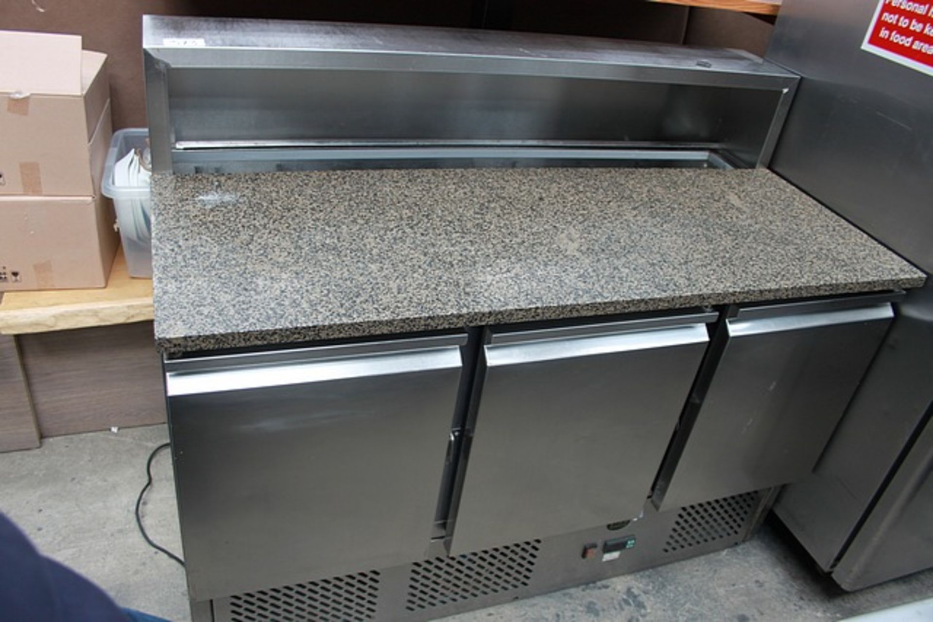 King KPS1365.HD 3 door refrigerated pizza prep counter with marble granite top auto defrost. door