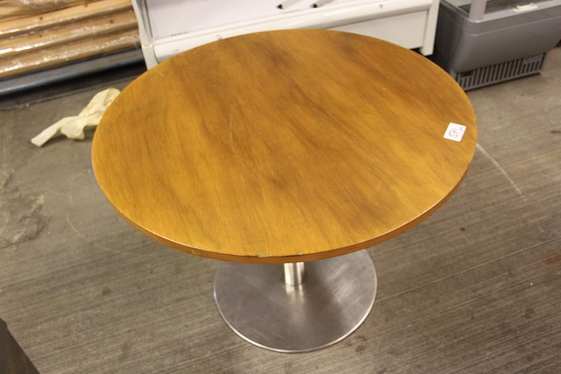 Round Wurzalitz wood top dining table with stainless steel base ( 2 x available)