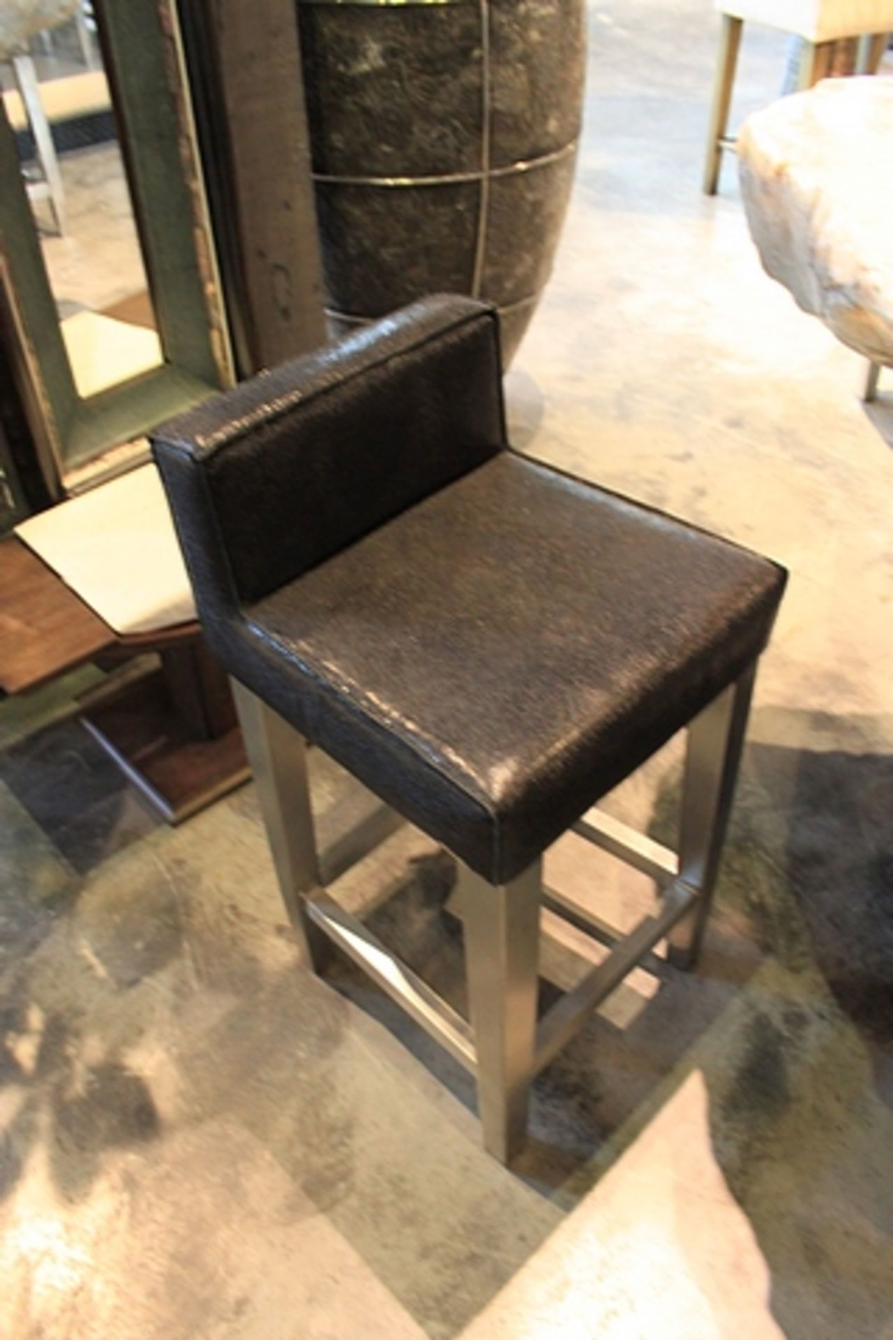 Bar Chair Goteborg handcrafted stingray black cow leather upholstered pad and back rest mounted on