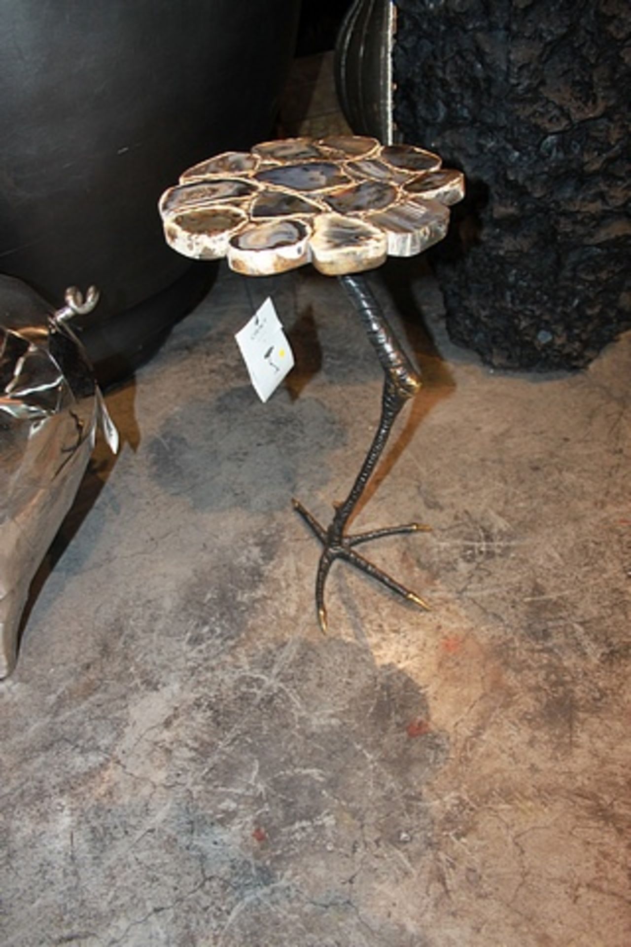 Side Table Break A Leg artisan made semi precious block black agate top mounted on a pinched shiny