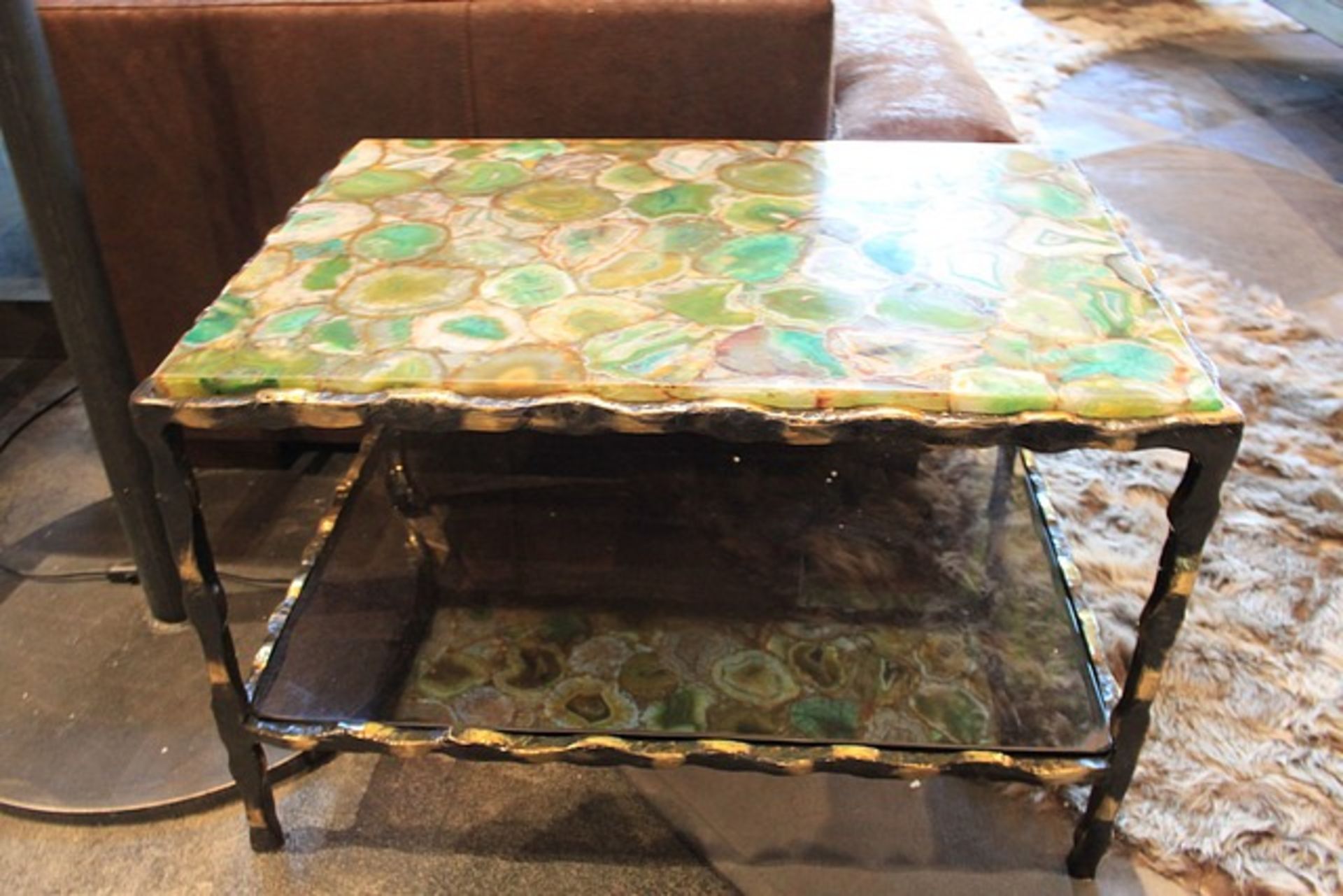 Side table artisan made semi precious block green agate top mounted on a pinched shiny antiqued