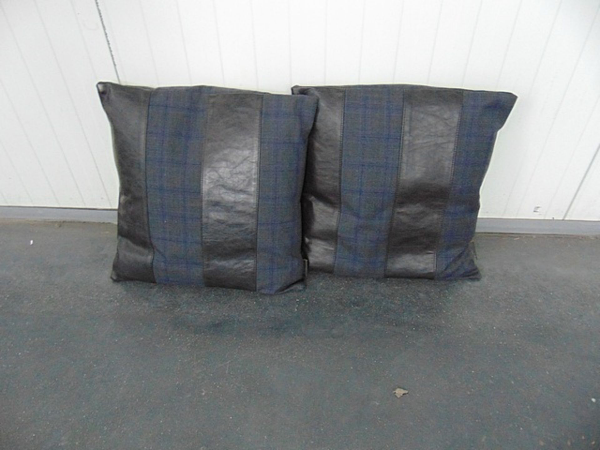 Pillow Chancellor Grey Blue checker & Black Leather 50 X 50 X 15cm