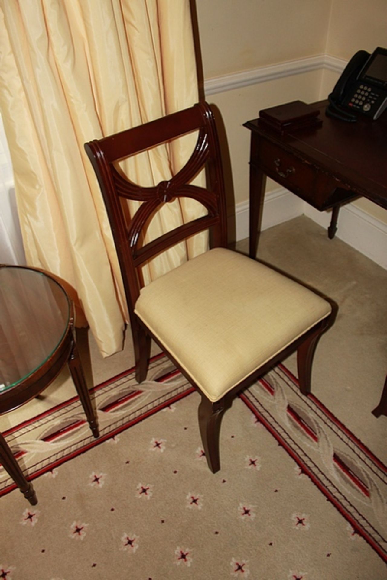 A mahogany cross back Georgian style side chair with gold cream seat pad 400mm seat pitch