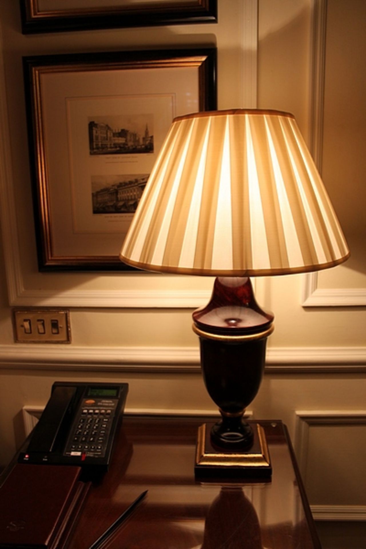 A pair of polished wood urn shape table lamp and shade 450mm