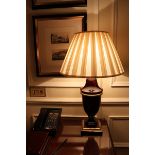A pair of polished wood urn shape table lamp and shade 450mm