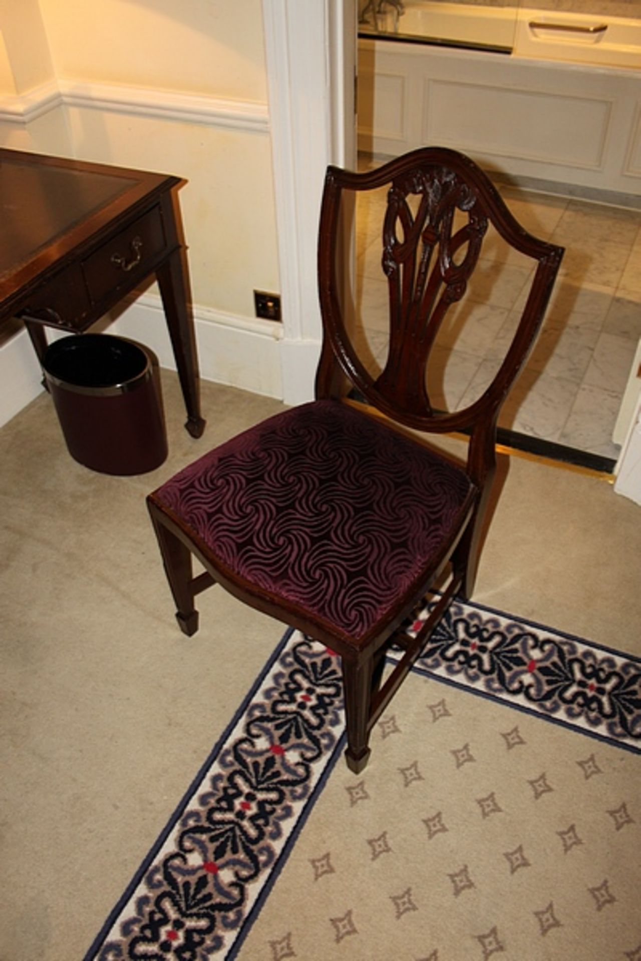 A Georgian style side chair mauve upholstered pad seat with carved back frame 450mm seat pitch