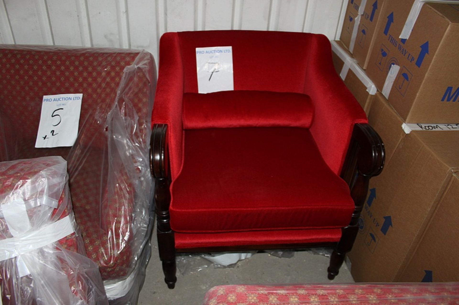 Armchair uphostered in a red velveteen fabric hardwood frame 750mm x 800mm