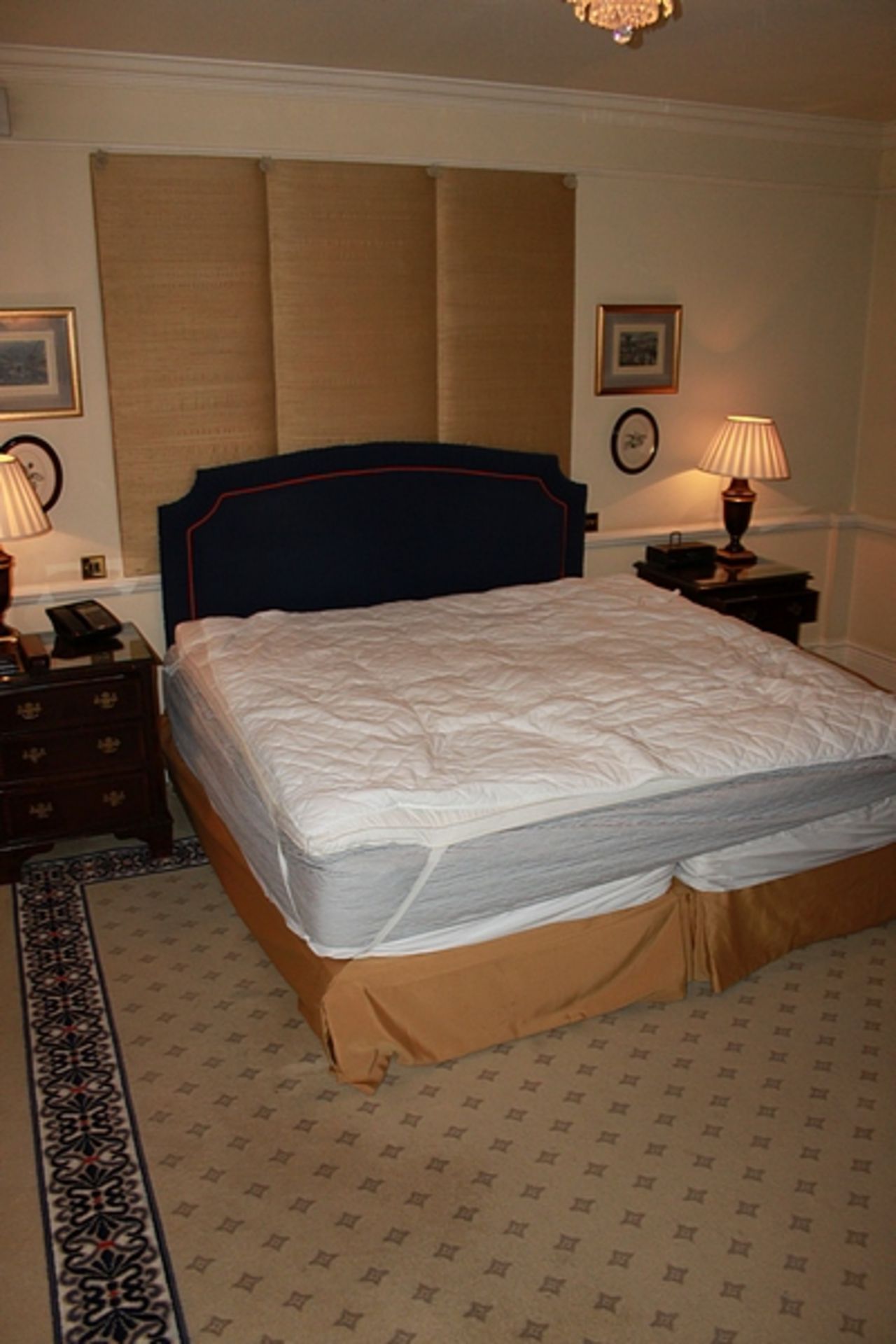 Hospitality Simmons Bedding Company base, mattress and blue with red piping headboard complete