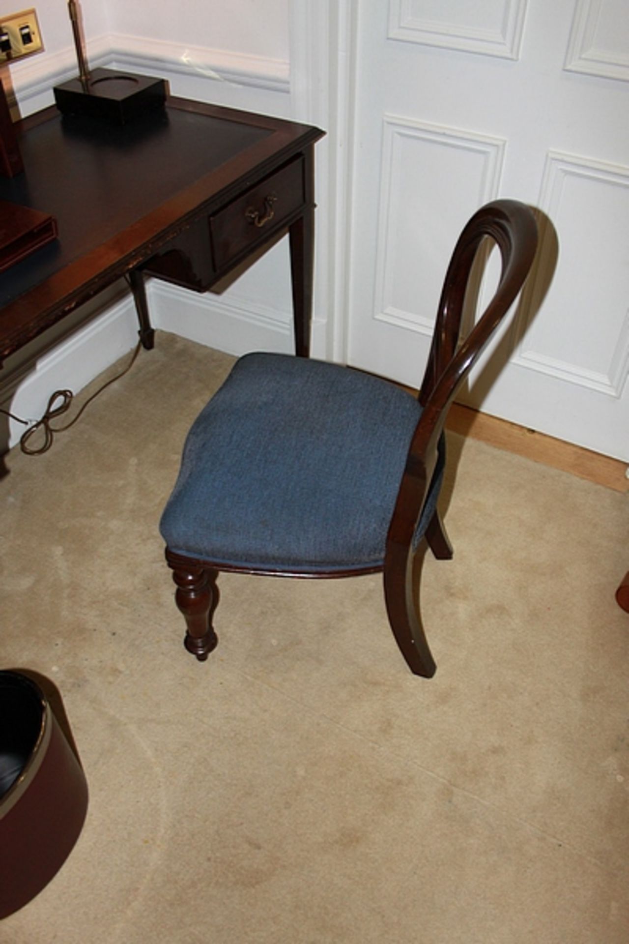 A mahogany Georgian style side chair with blue seat pad 400mm seat pitch