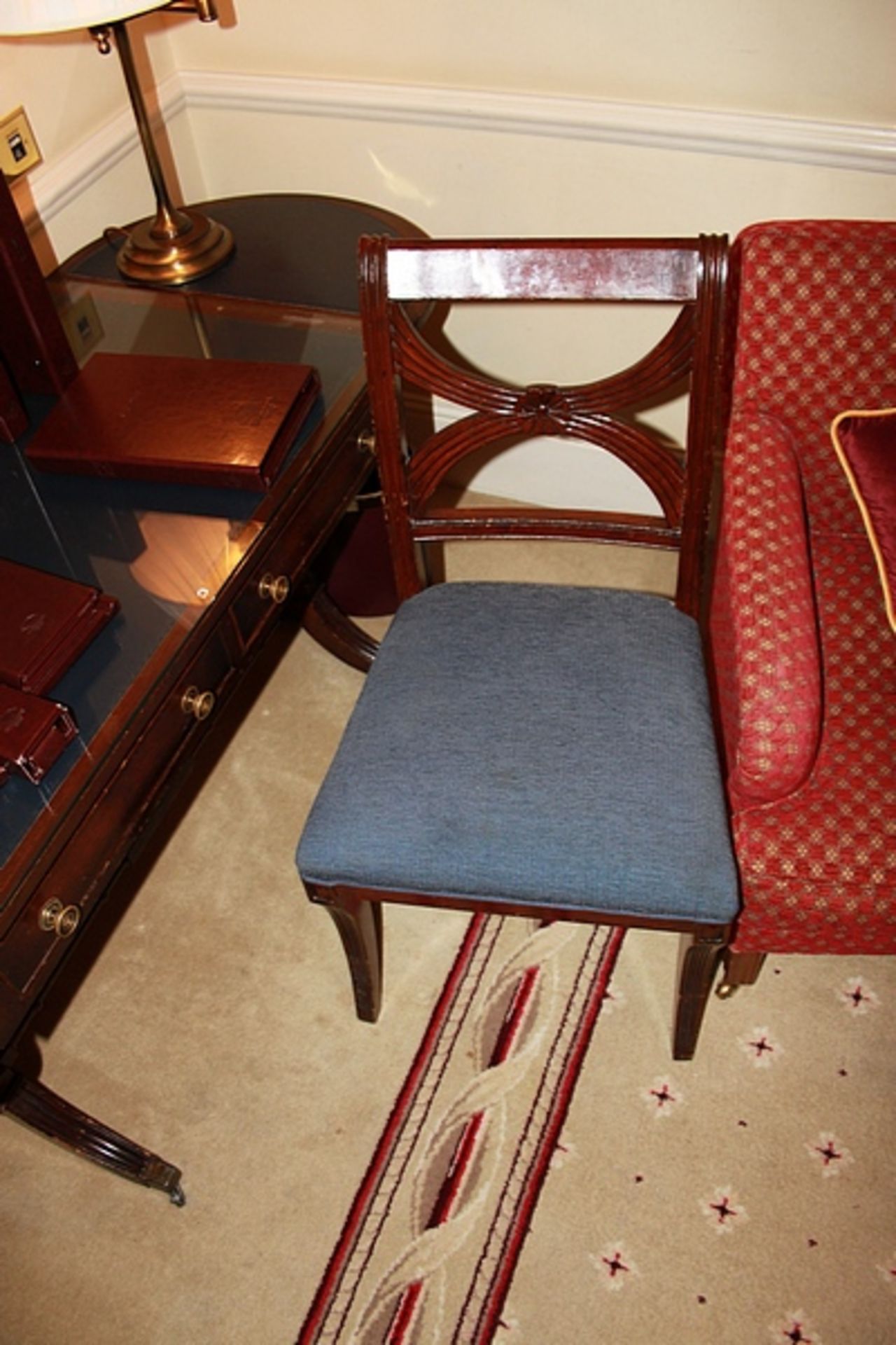 A mahogany cross back Georgian style side chair with blue seat pad 400mm seat pitch