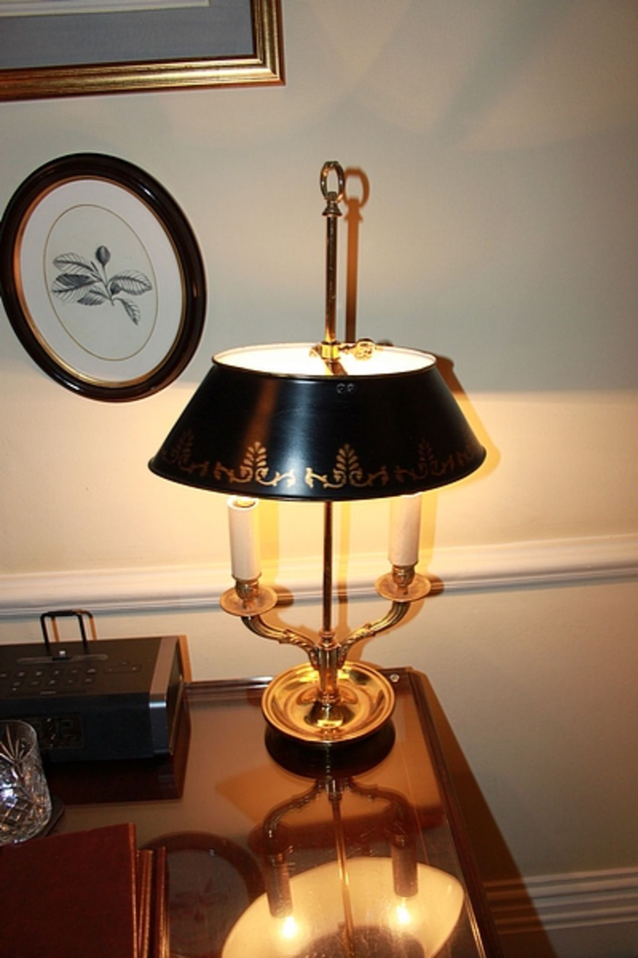 A pair of French Bouillotte style twin arm table lamp