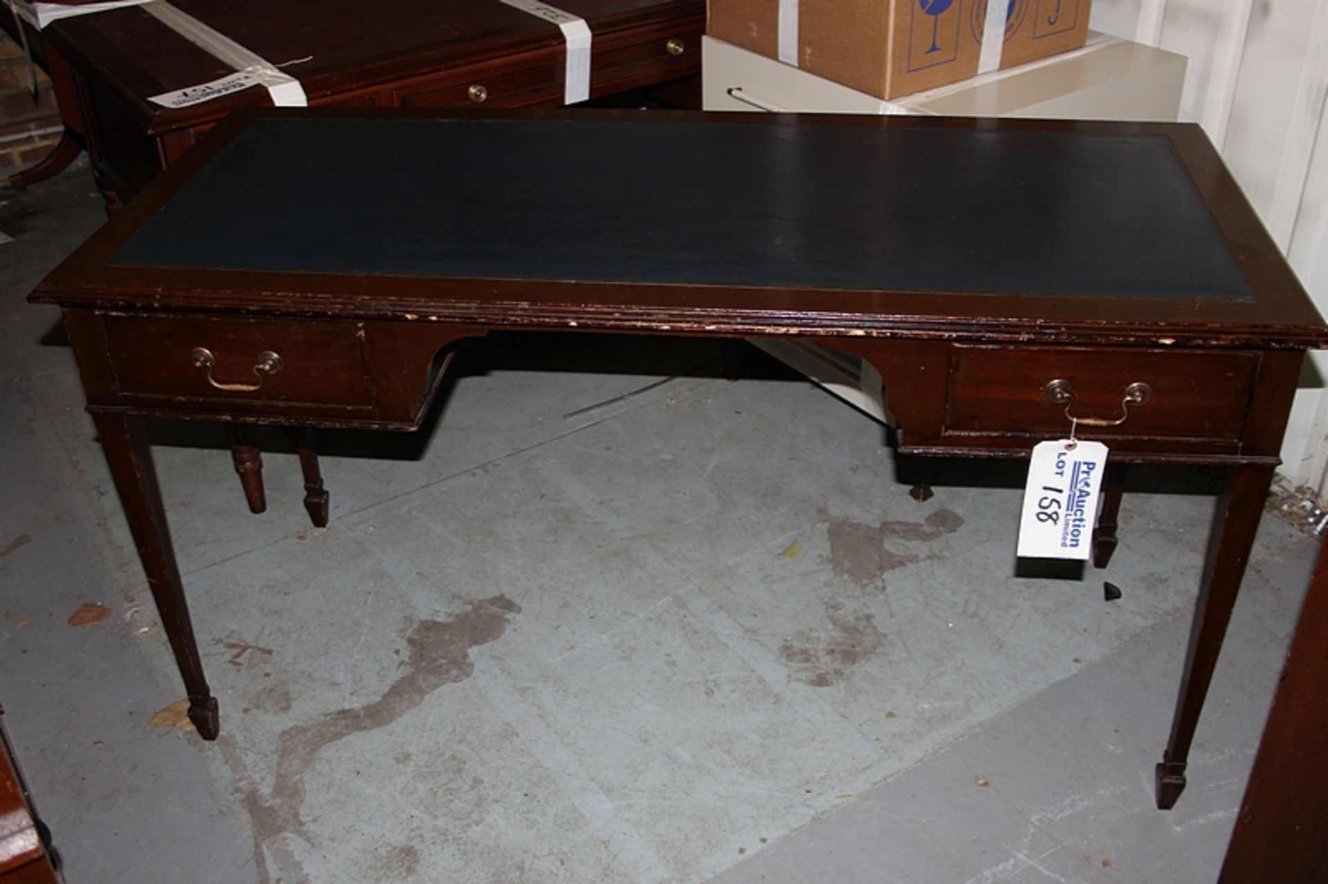 A mahogany free standing inlay writing desk kneehole with two graduated drawers to each side mounted - Image 2 of 2