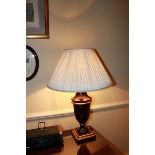 A pair of polished wood urn shape table lamp and shade 450mm