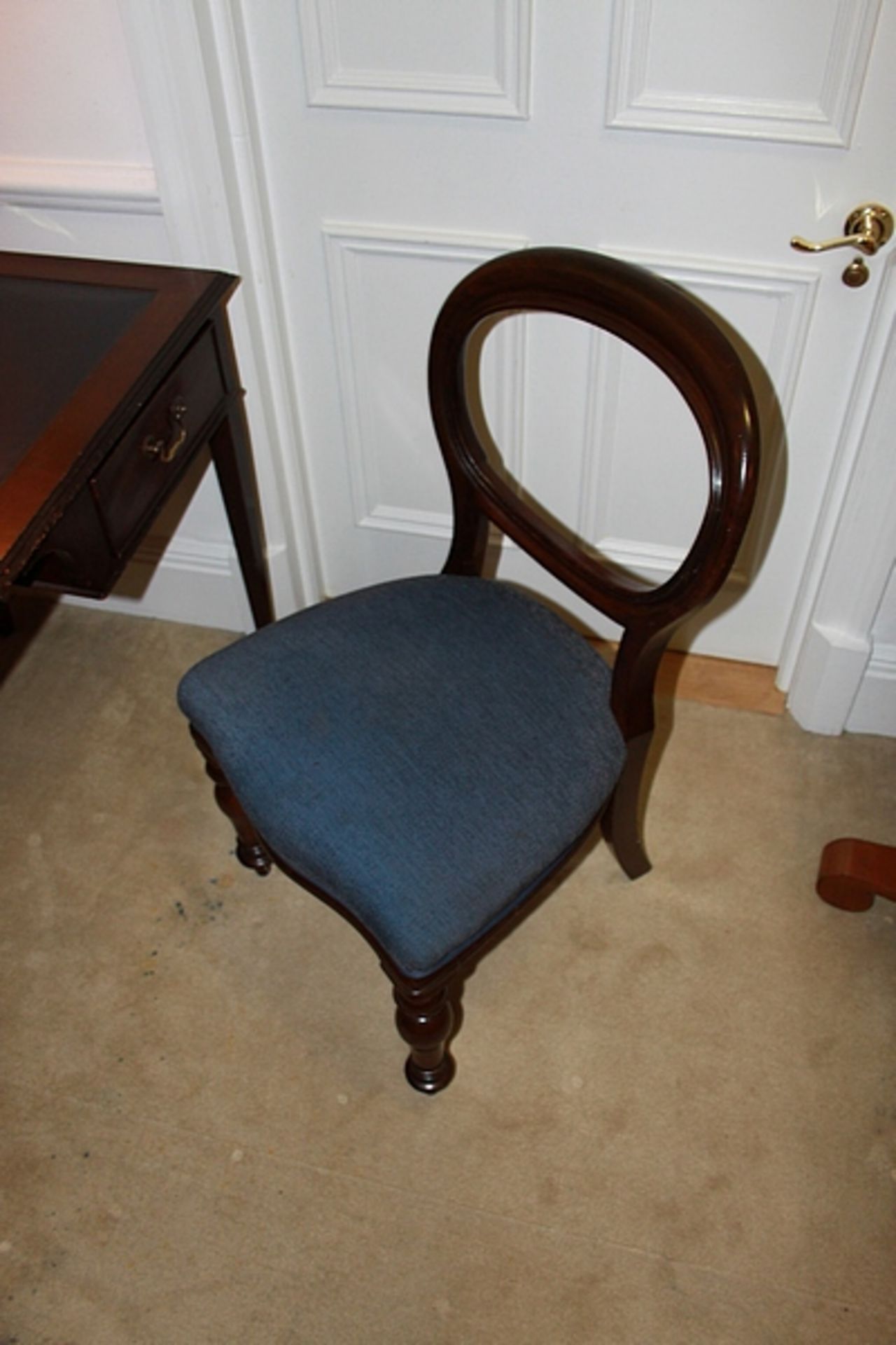 A mahogany round back Georgian style side chair with blue seat pad