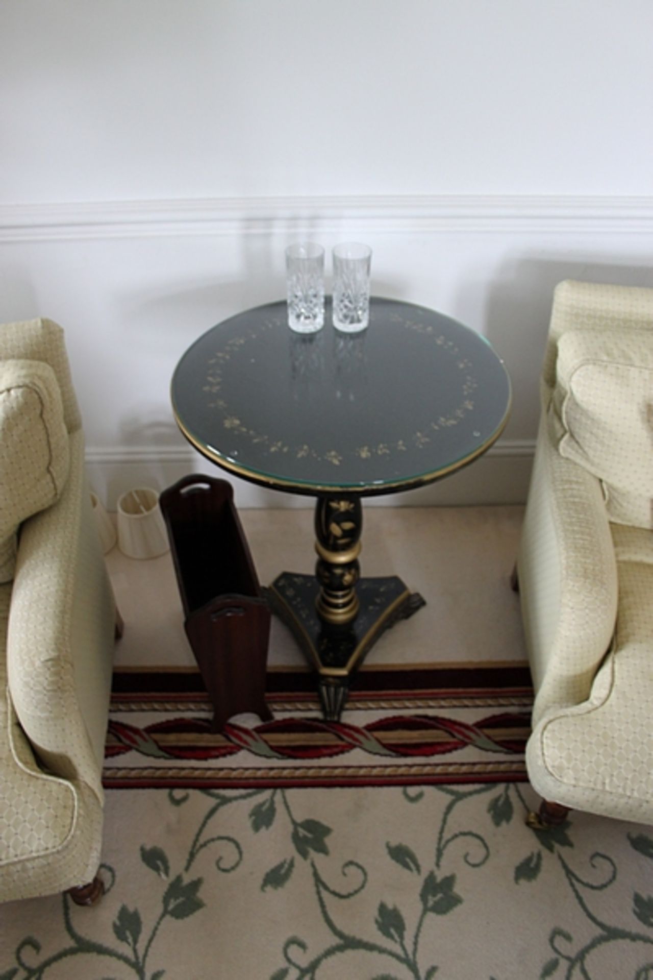 A pair black and gilt japanned occasional table delicately painted with detailed Chinoiseries set