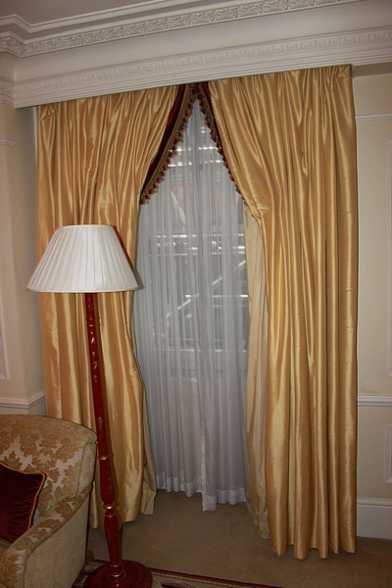 Fully lined curtains golden yellow with red tassels 2300mm drop