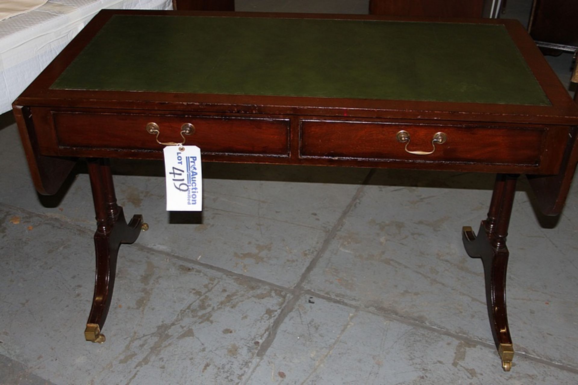 A Georgian style mahogany sofa writing table central frieze below inlaid leather top and drop down - Image 2 of 2