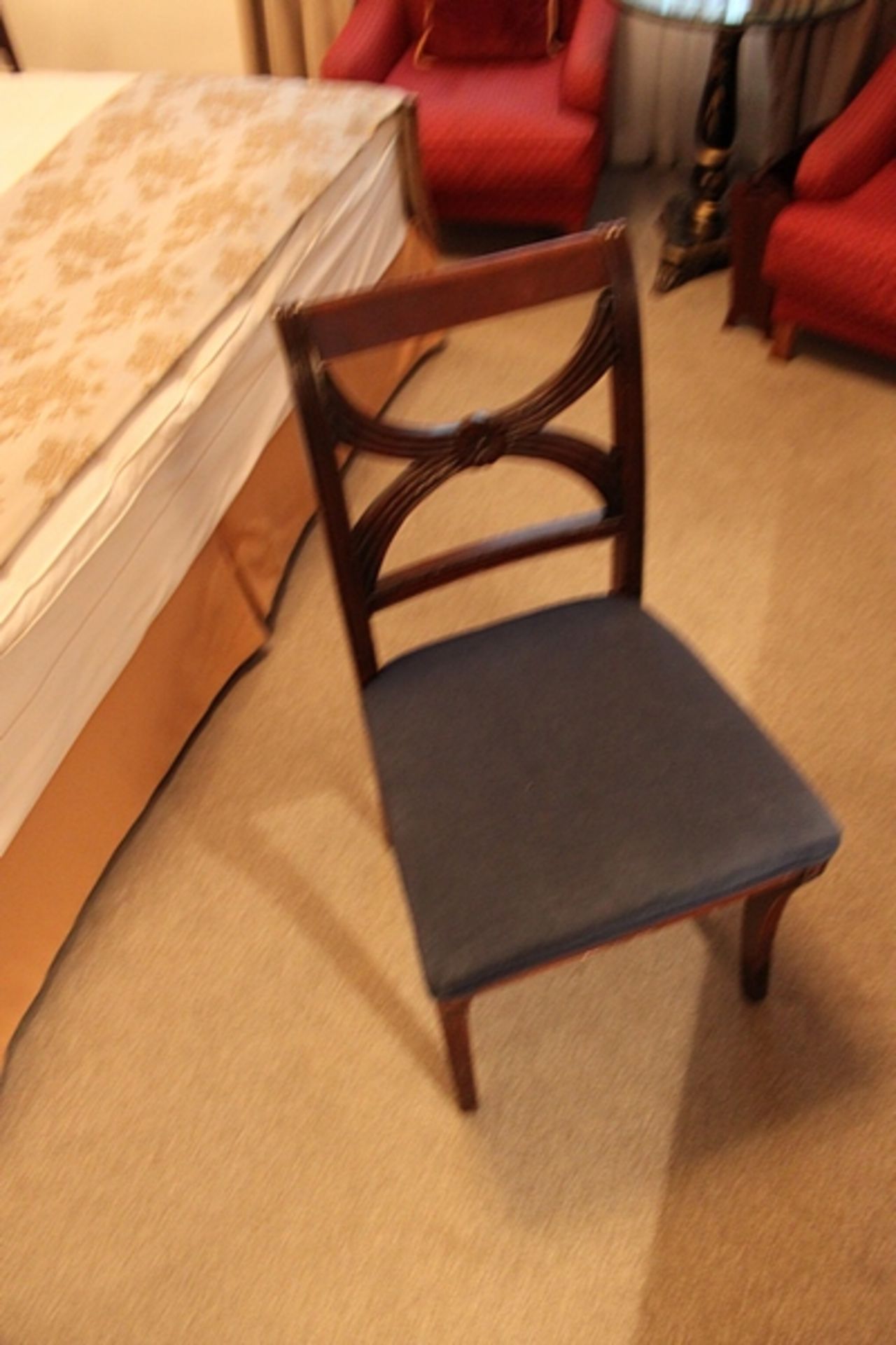 A mahogany cross back Georgian style side chair with blue seat pad 400mm seat pitch