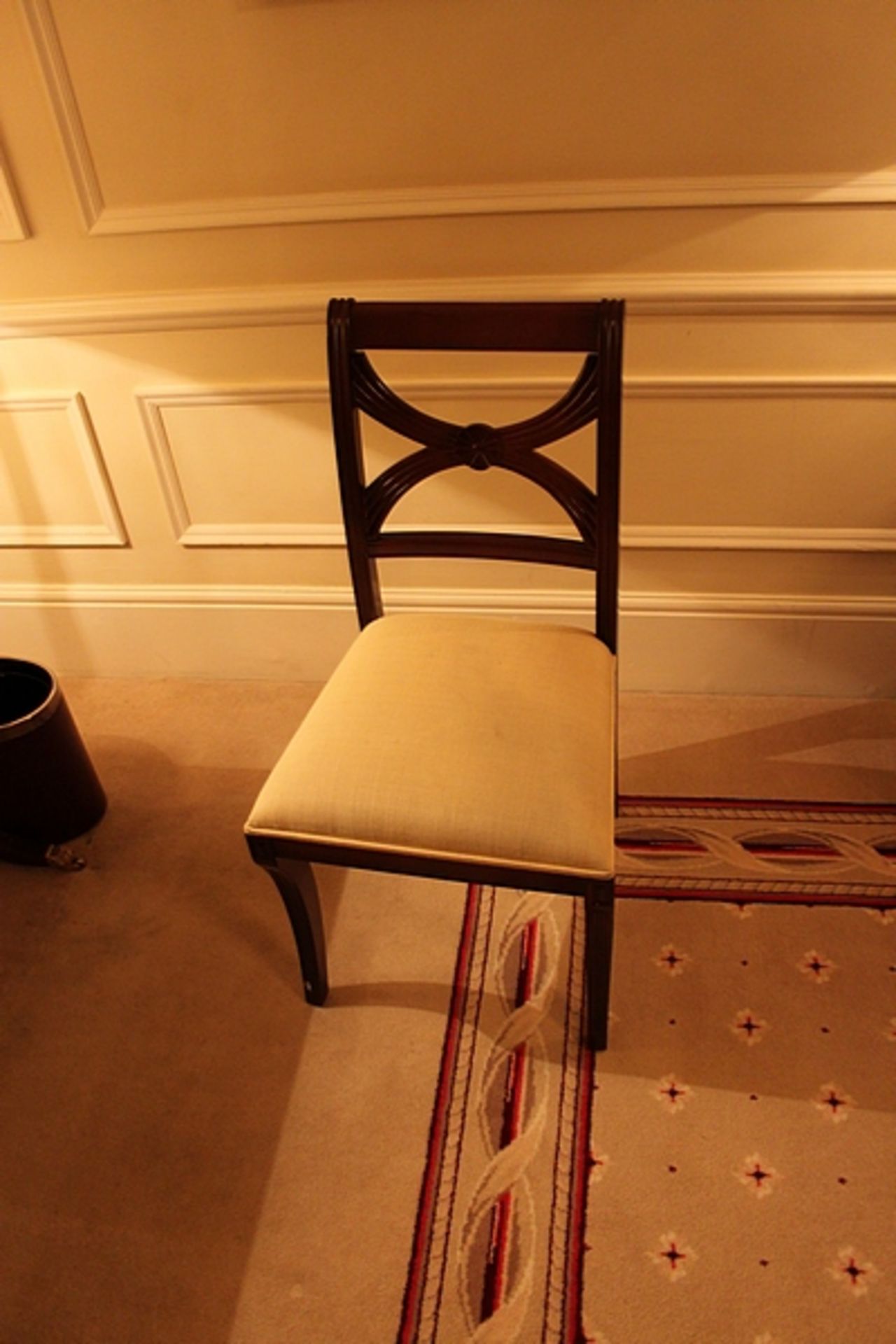 A mahogany cross back Georgian style side chair with gold cream seat pad 400mm seat pitch