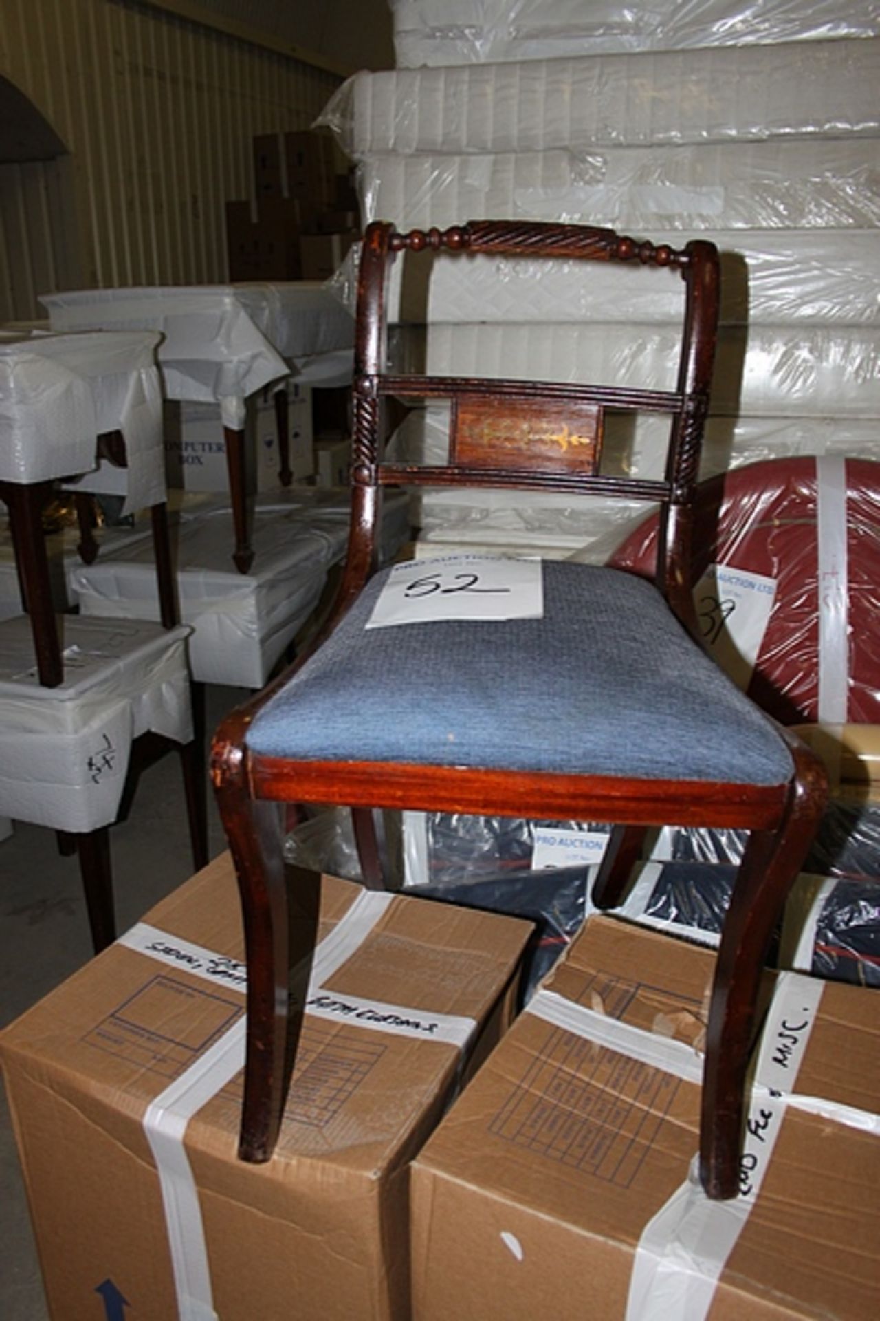 A Georgian style side chair blue upholstered pad seat with carved back frame 420mm seat pitch