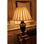 3 x table lamps - a pair of urn style polished wood lamps and a swing arm brass lamp