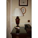 A pair of polished wood urn shape table lamp and shade 450mm