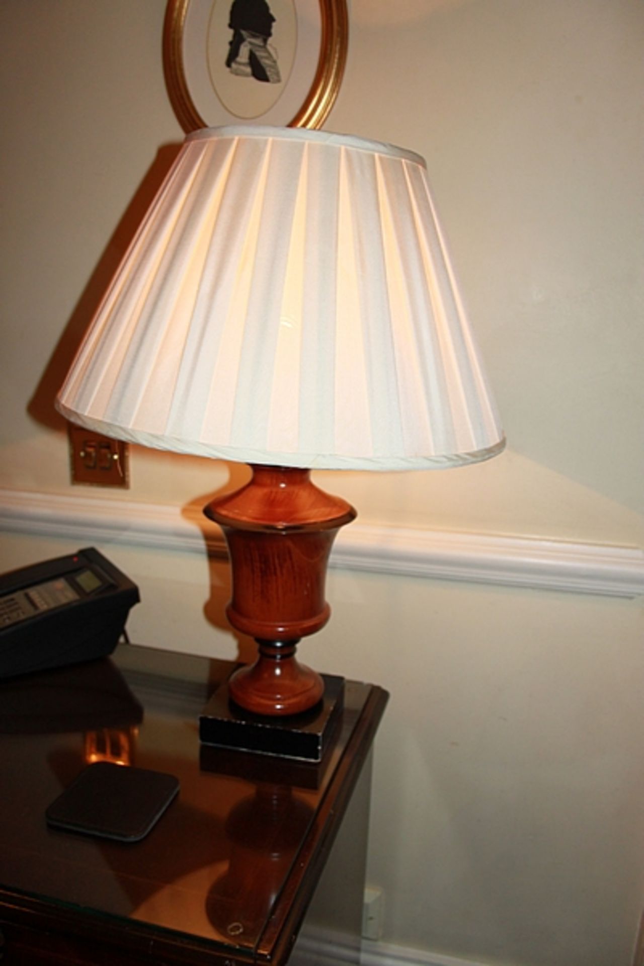 A pair of polished wood urn shape table lamp and shade 450mm