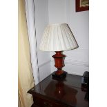 A pair of polished wood urn shape table lamps and shade 450mm