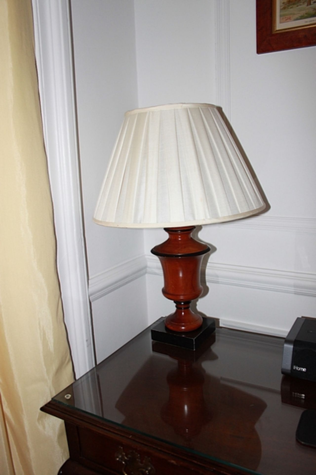 A pair of polished wood urn shape table lamps and shade 450mm