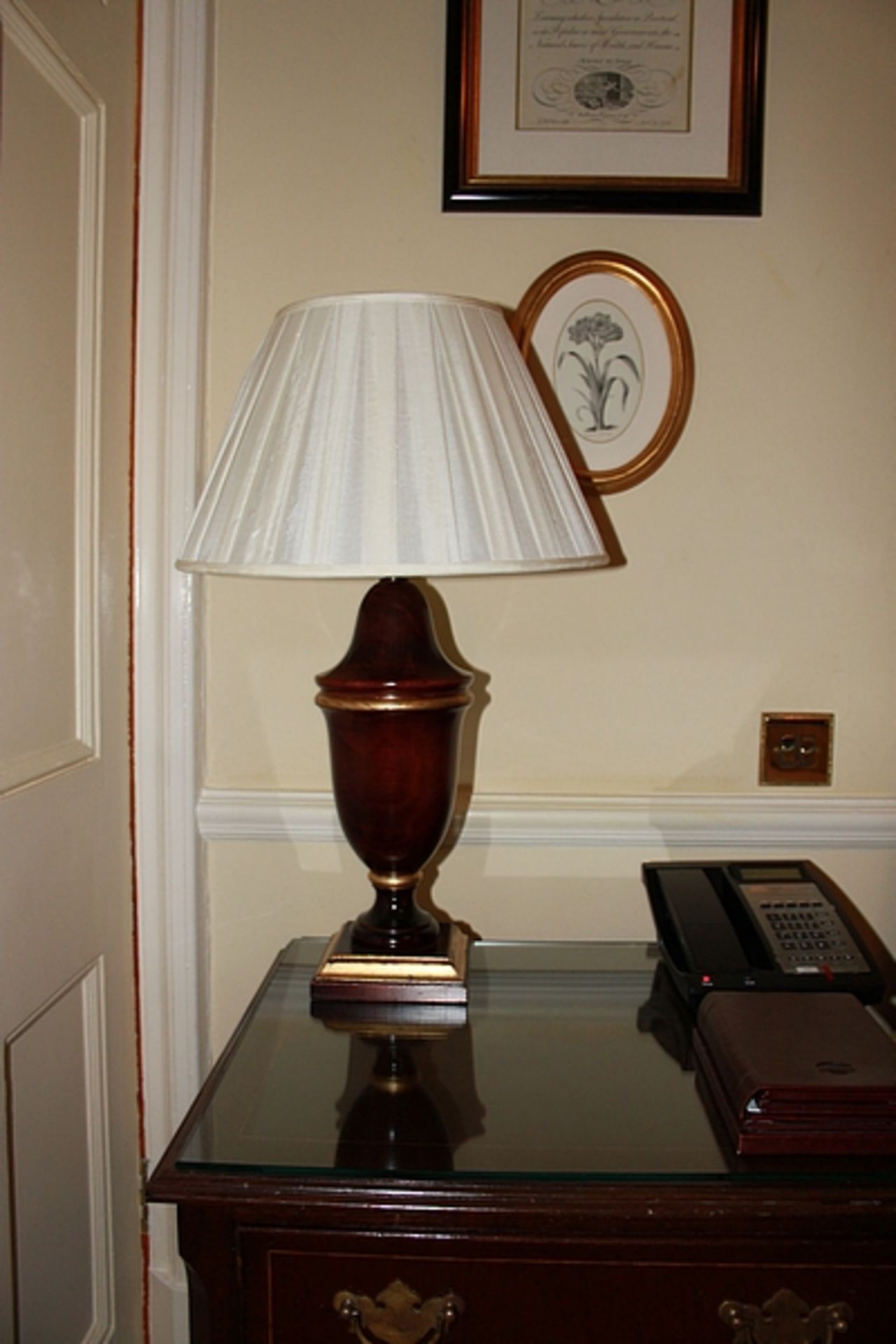 A pair of polished wood urn shape table lamp and shade 450mm