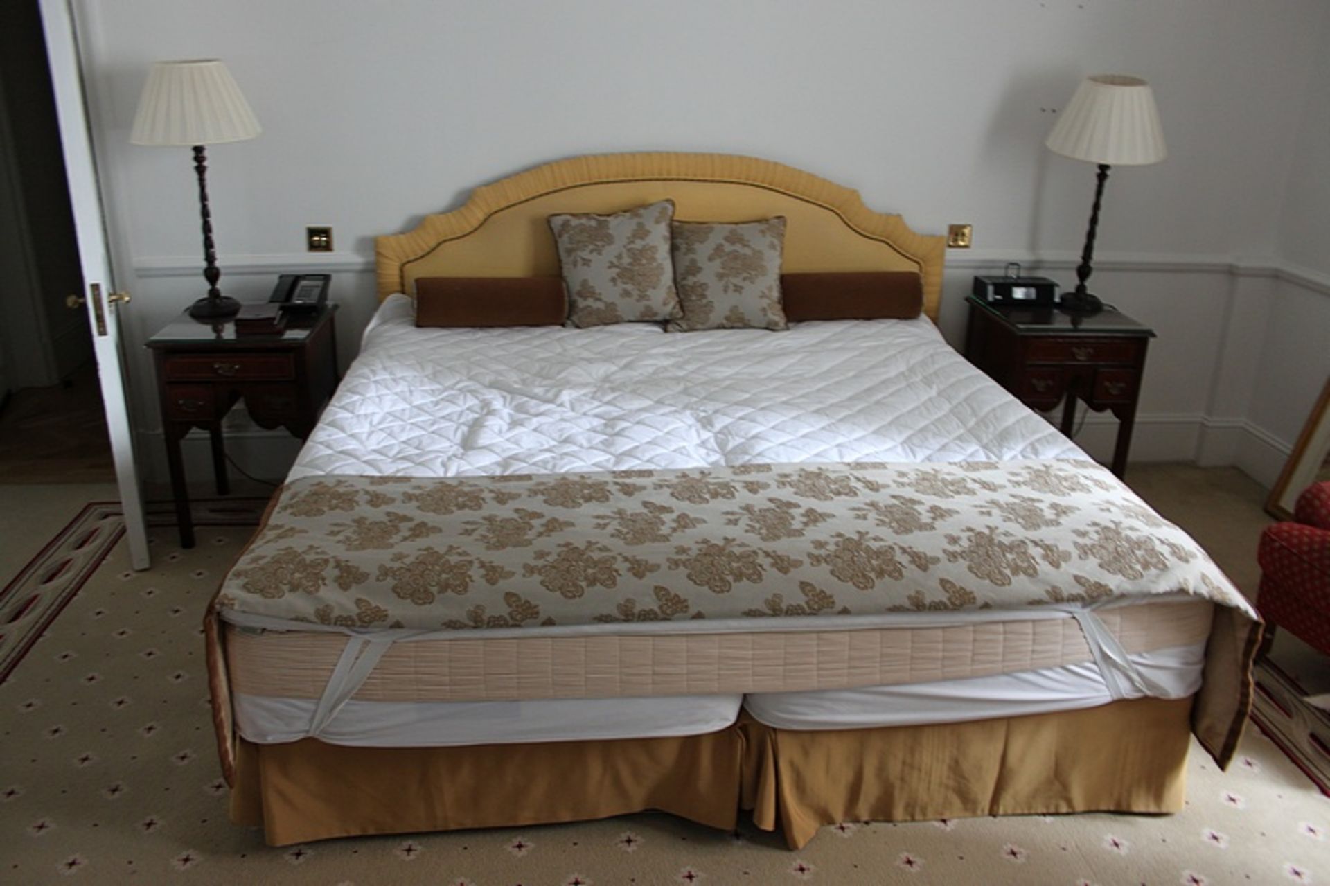 Hospitality Simmons Bedding Company base, mattress and yellow single piped headboard complete with