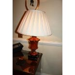 A pair of polished wood urn shape table lamp and shade 450mm