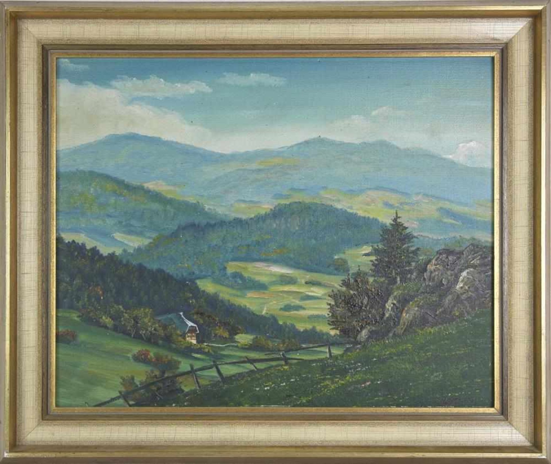 H. Breier Schwarzwaldmaler um 1930. Blick in ein Tal mit Feldberg im Hintergrund. Öl auf Platte.
