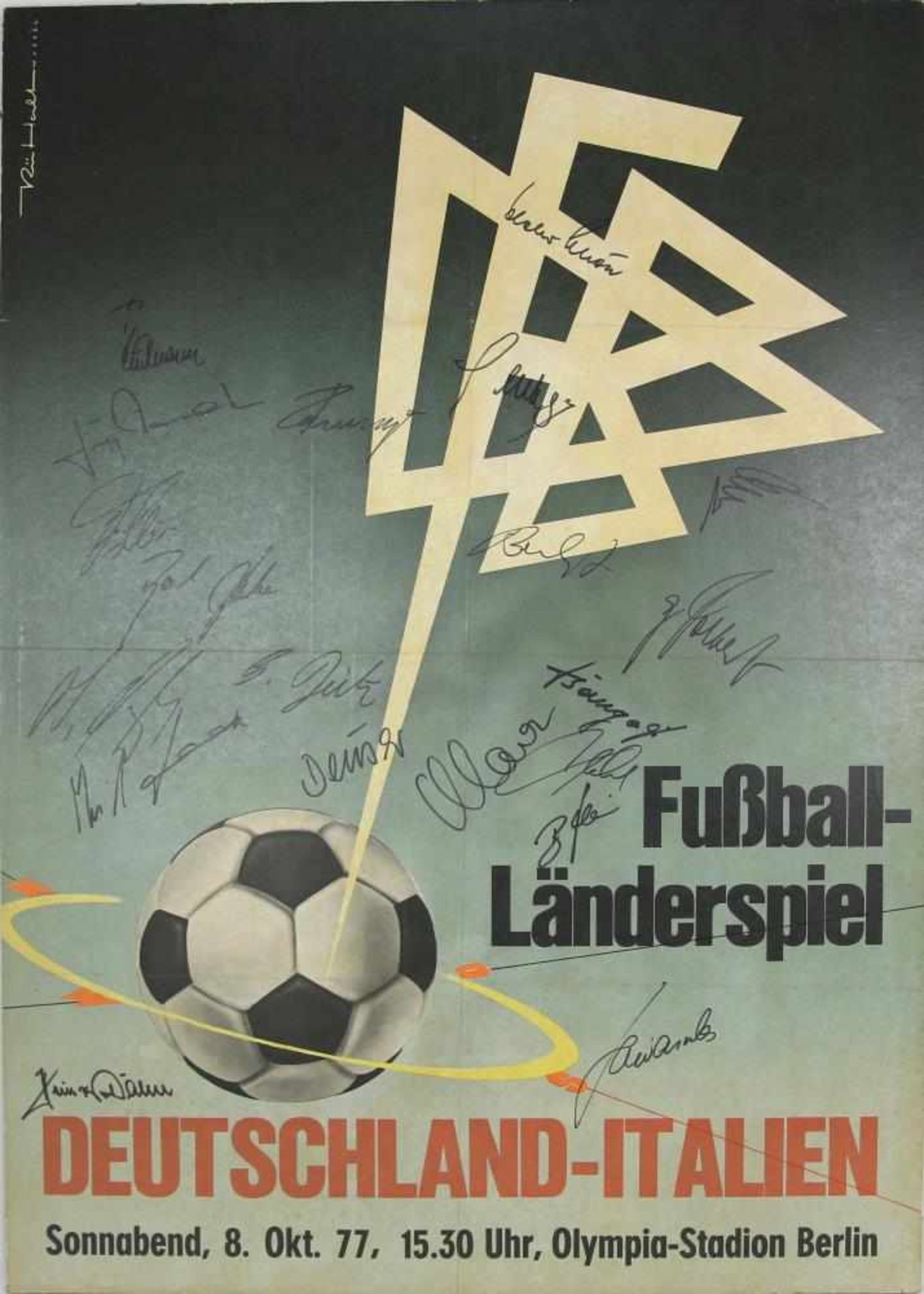 Fußball Nationalmannschaft Autograph Plakat (auf Platte aufgezogen) für das Länderspiel