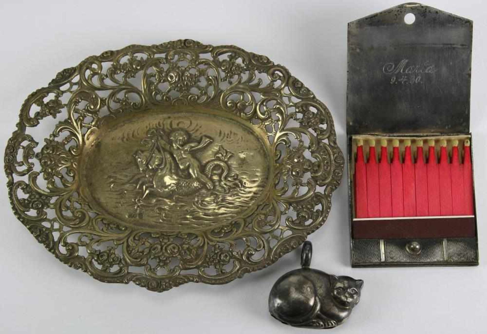 Silberschale und Streichholzbehälter Deutsch um 1900. Silber 800 bzw. 835. Durchbrochen gearbeitetes - Bild 2 aus 3