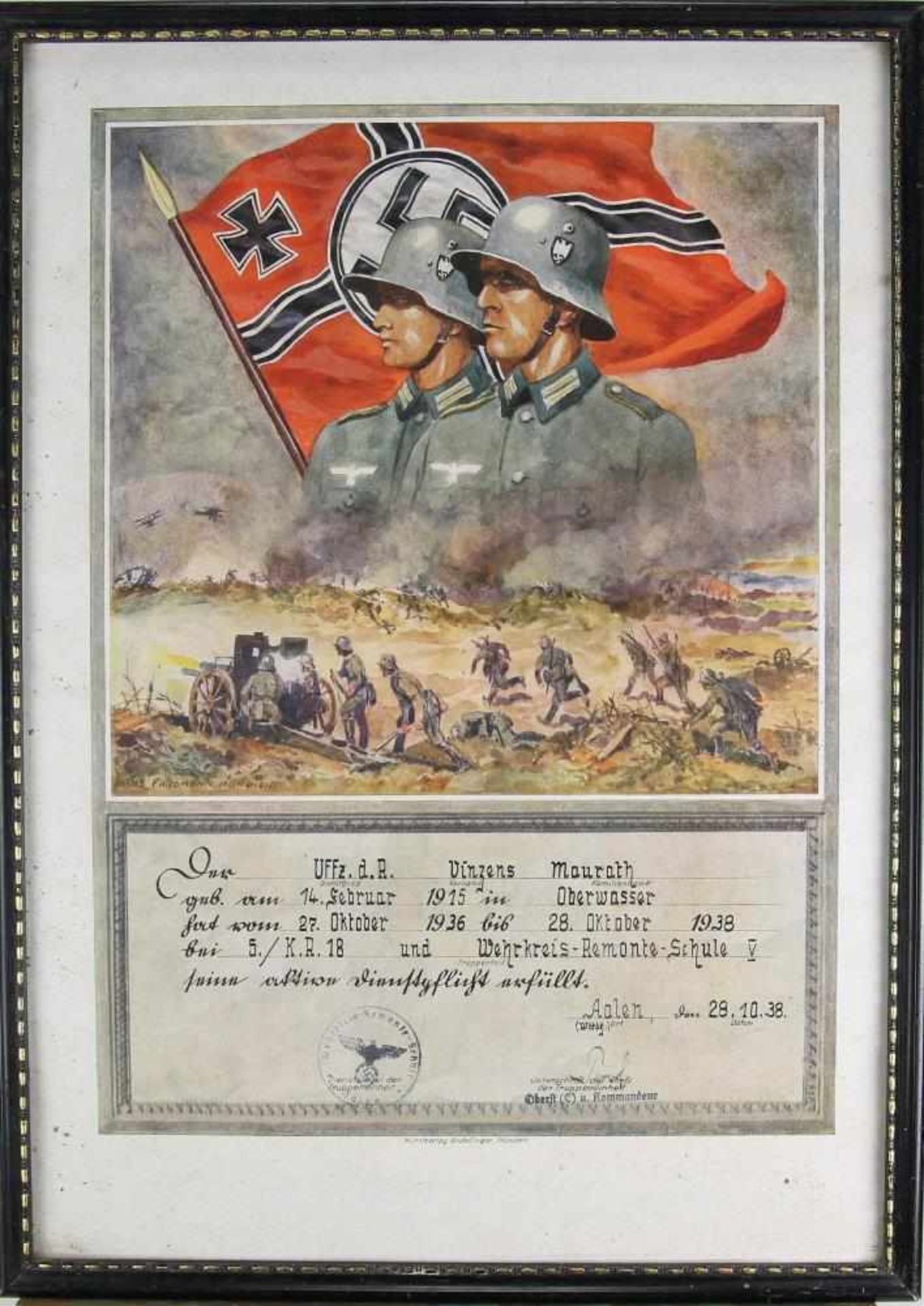 Verleihungsurkunde III. Reich Dienstpflichtauszeichnung 1938. Hinter Glas gerahmt ca. 43,5 x 31,5