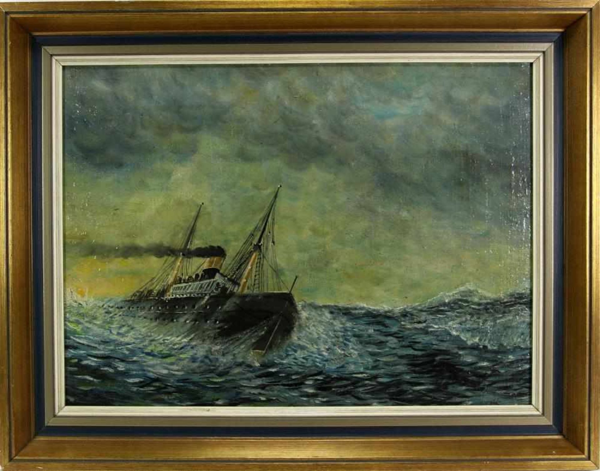 Dampfer in rauer See Deutsch um 1900. Öl auf Platte. Nicht signiert. Größe ca. 34 x 47 cm, Rahmen