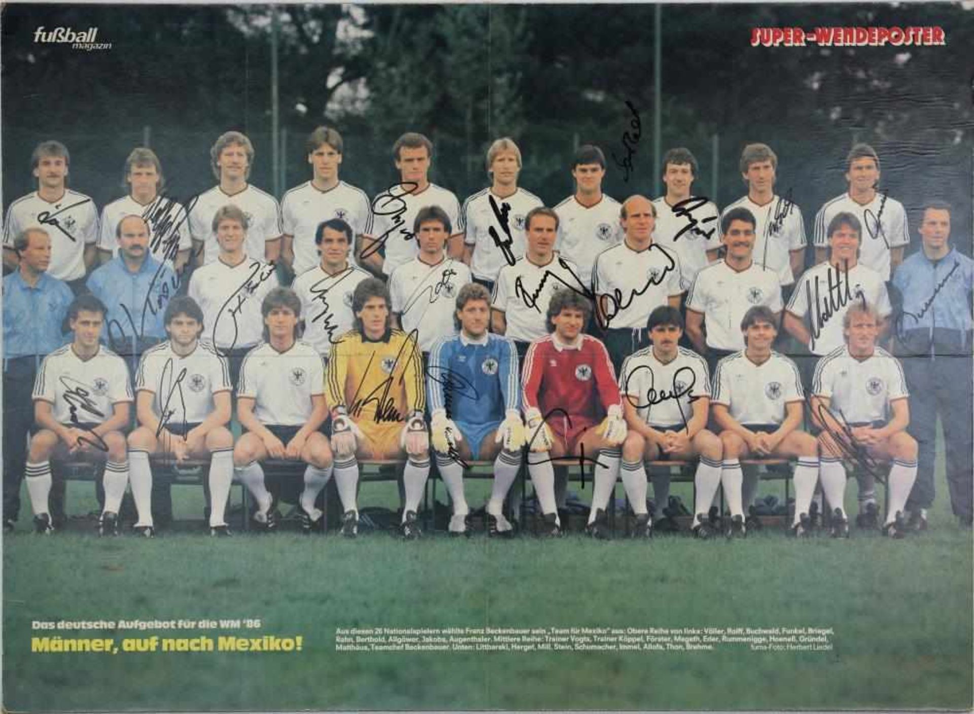 Fußball Nationalmannschaft Autograph Plakat (auf Platte aufgezogen). Das deutsche Aufgebot für die