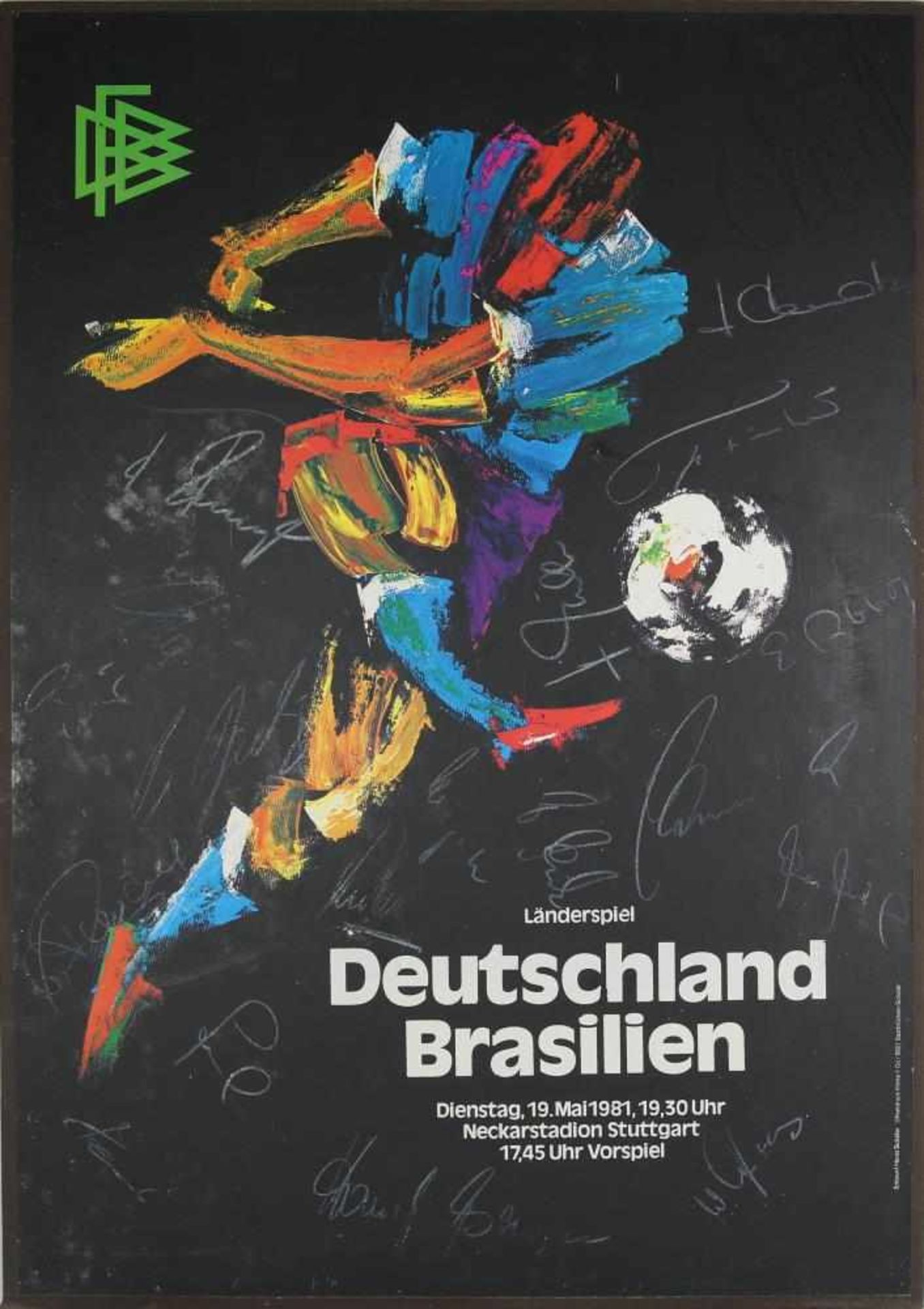 Fußball Nationalmannschaft Autograph Plakat (auf Platte aufgezogen) für das Länderspiel