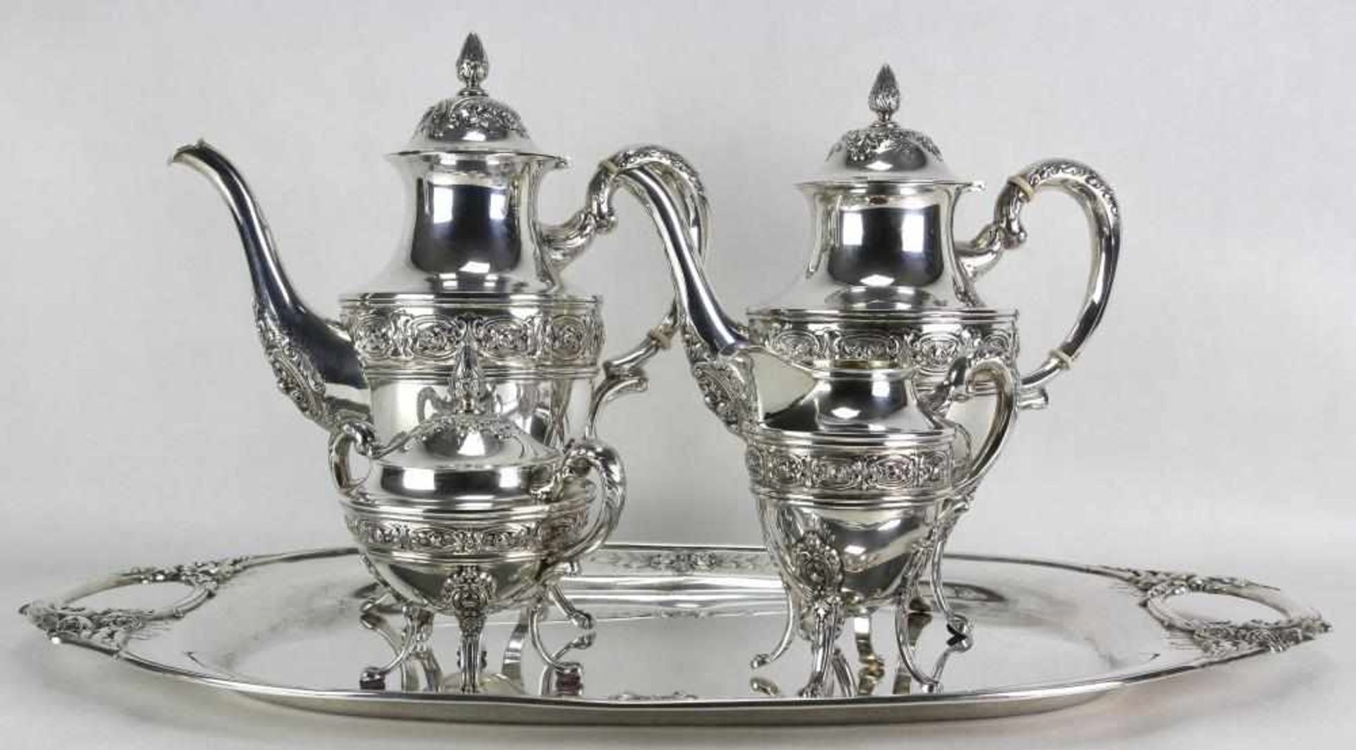Großer Kaffeekern England um 1900. Silber (925) Sterling punziert und geprüft. Großes Tablett und