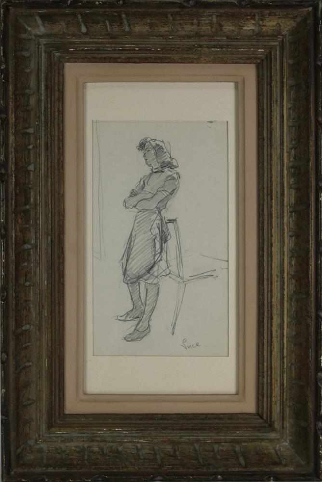 Maximilien Luce 1885 – 1941 Studie einer stehenden Frau an einen Stuhl gelehnt. Bleistift auf