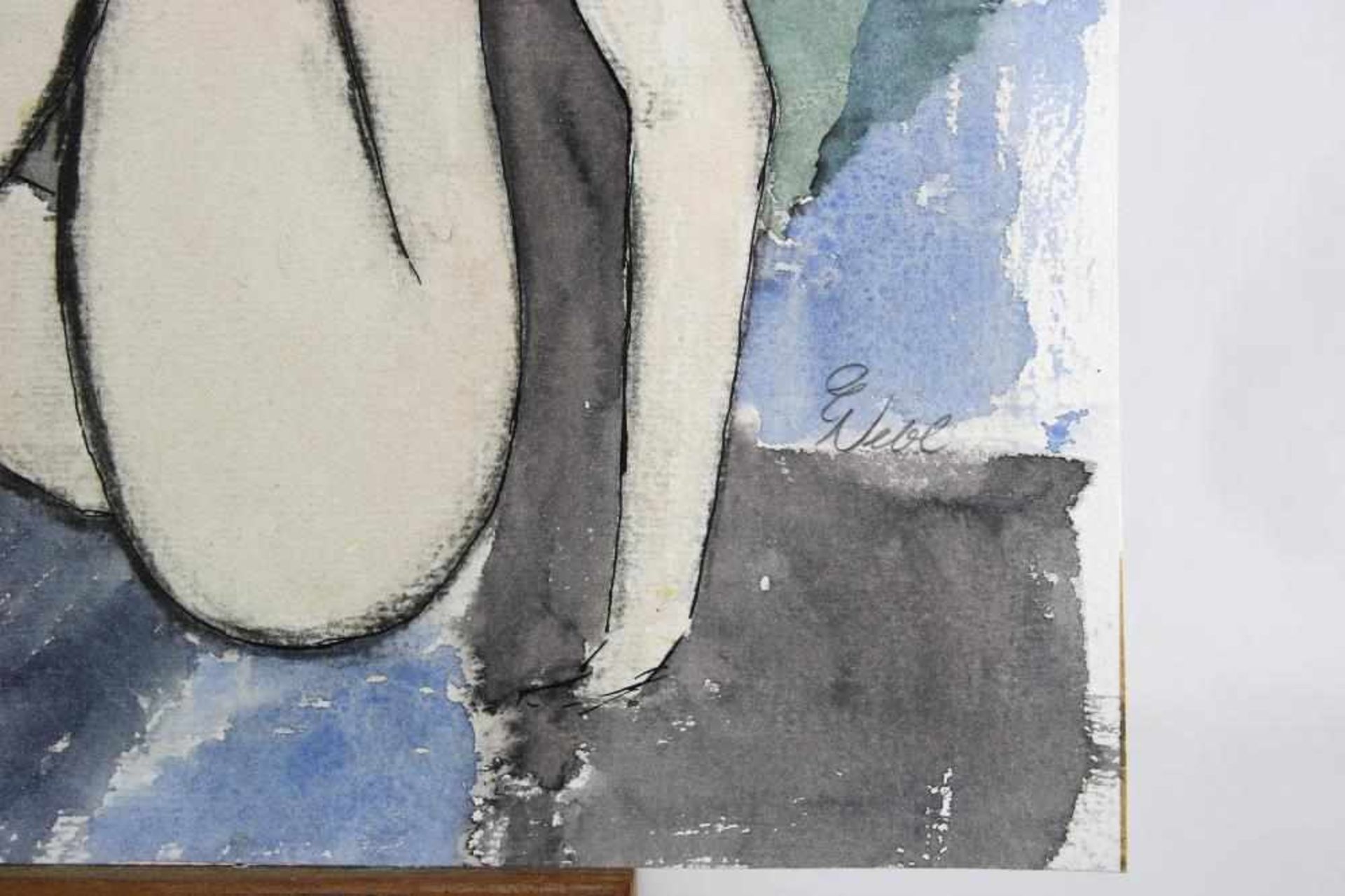 Monogrammist EW Sitzender weiblicher Akt mit Apfel vor stehender Figur. Aquarell und Kohle auf - Bild 3 aus 3