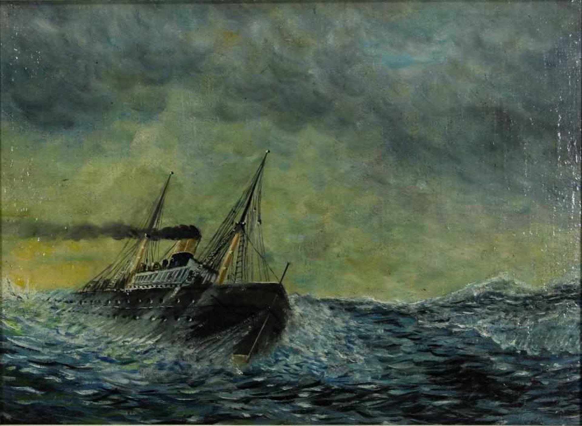 Dampfer in rauer See Deutsch um 1900. Öl auf Platte. Nicht signiert. Größe ca. 34 x 47 cm, Rahmen - Bild 2 aus 3